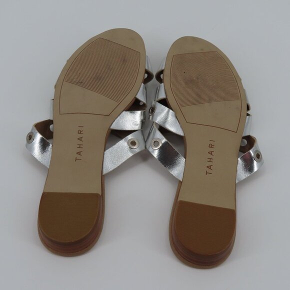 Tahari Drive Womens 10 Faux Leather Metallic Silver Grommet Strappy Sandal Flats - Picture 10 of 12